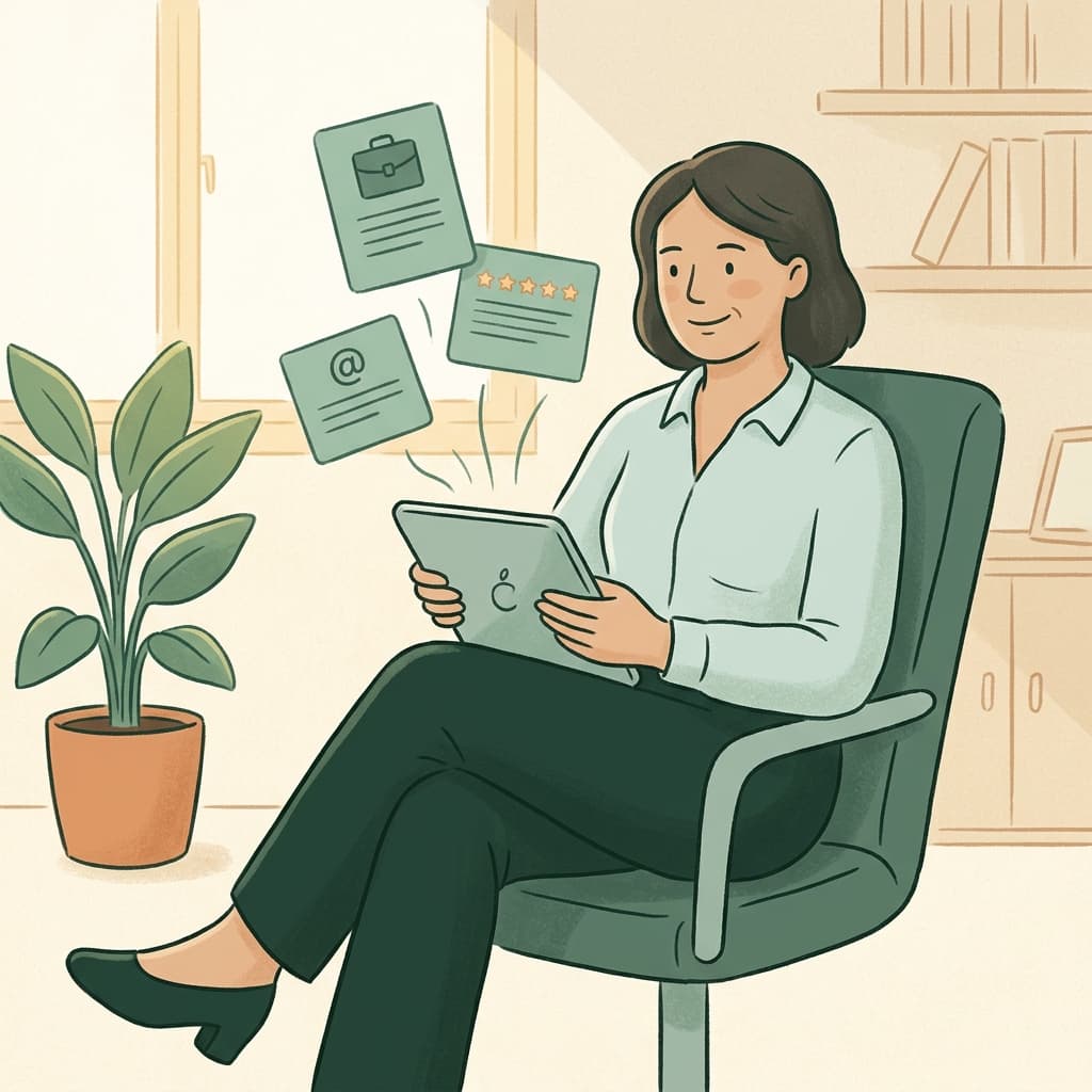 Illustration: Eine Pflegedienstleitung am Tablet, ihre Außendarstellung läuft wie von selbst